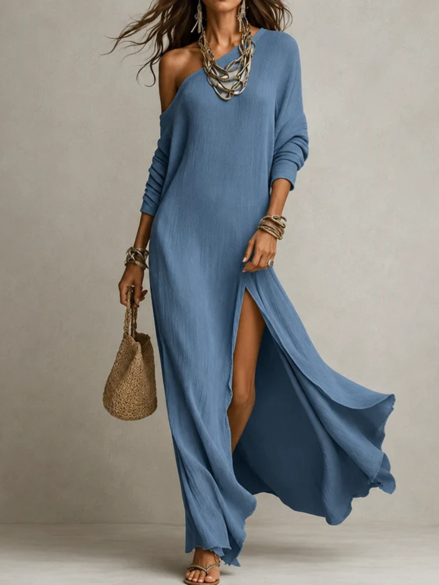 One Shoulder Long Sleeve Ribbed Knit High Split Maxi Dress 5