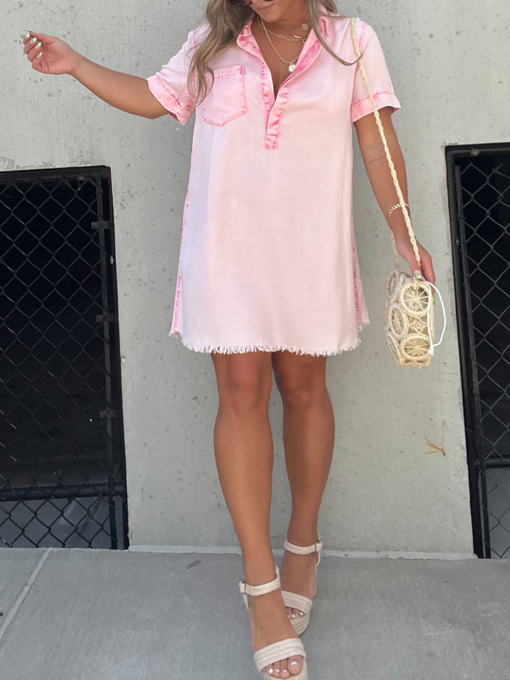 Collared Short Sleeve Button Placket Frayed Hem Mini Dress 5