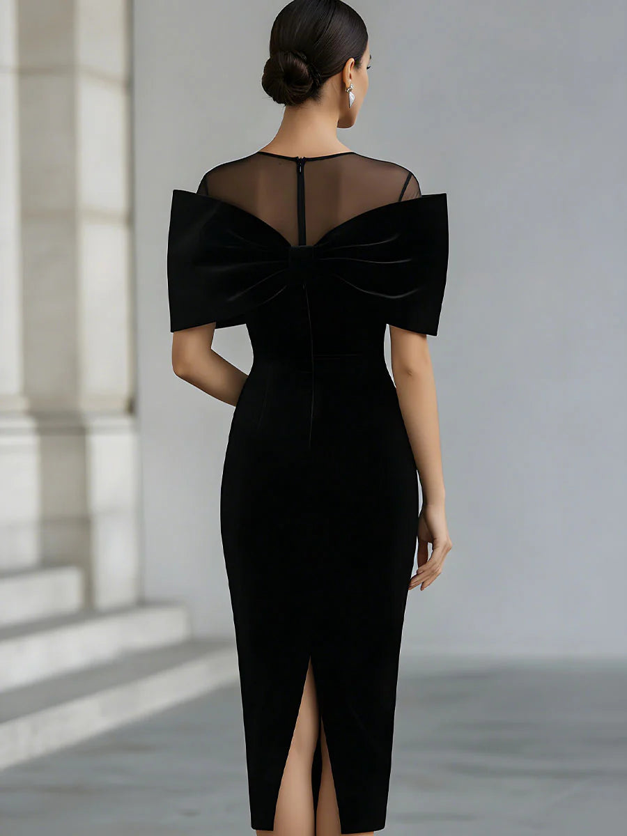 Velvet Mesh Neck Oversized Bow Bodycon Midi Dress 2