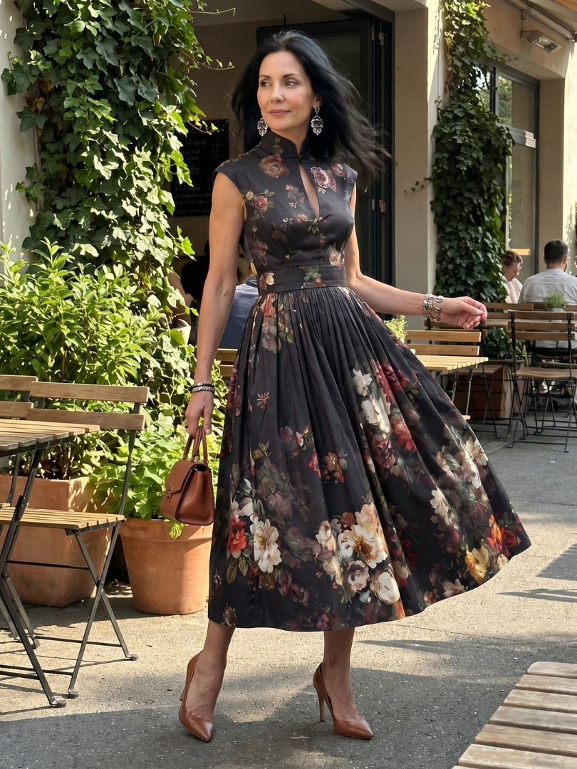 Floral Print Mock Neck Keyhole Sleeveless Belted Midi Dress 6
