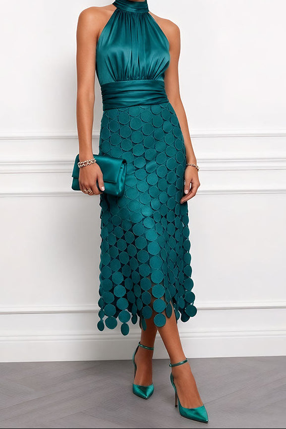 Halter Neck Ruched Laser Cut Disc Satin Midi Dress 6