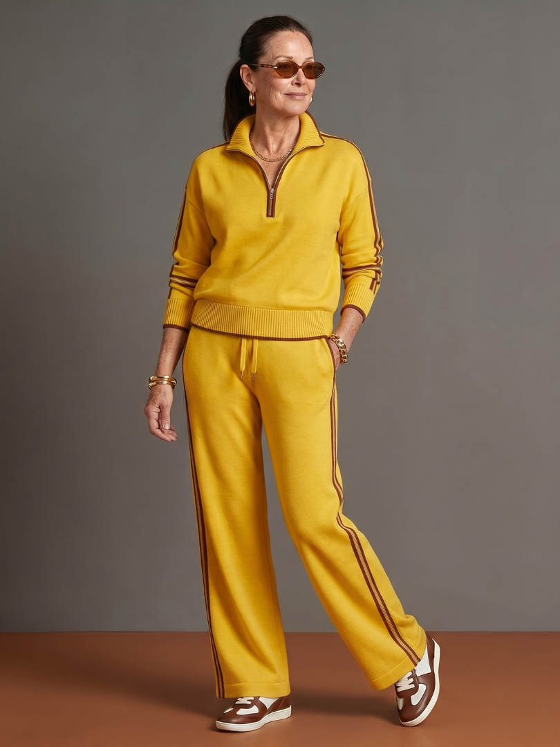 Quarter Zip Sweatshirt and Side Stripe Wide Leg Pants Two Piece Set 5