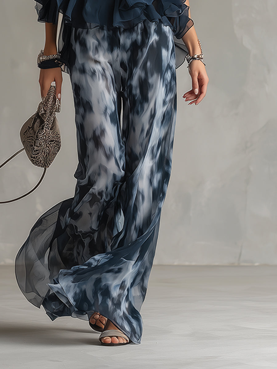 Halter Neck Ruffle Top and Tie Dye Wide Leg Pants Two Piece Set 6