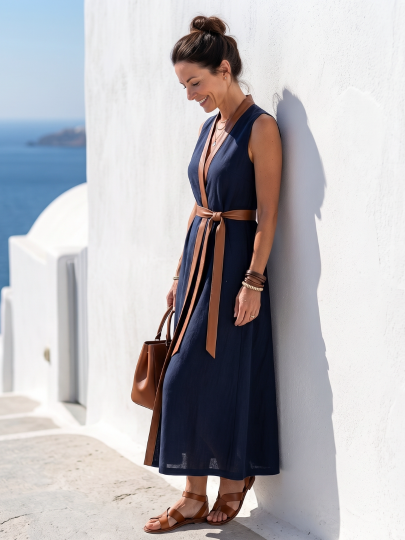 Contrast Belt Wrap V-Neck Sleeveless Maxi Dress 6