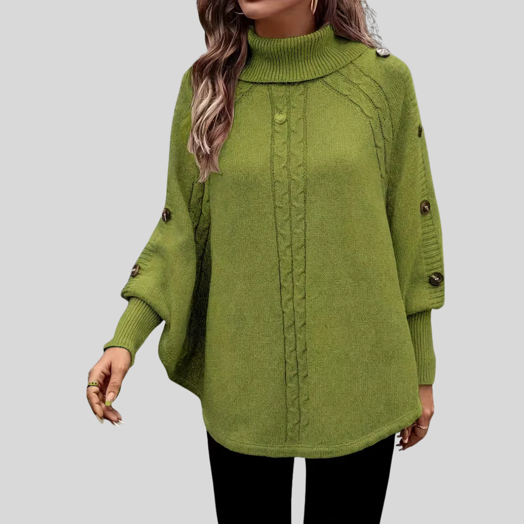 Turtleneck Cable Knit Button Trim Batwing Poncho Sweater 4