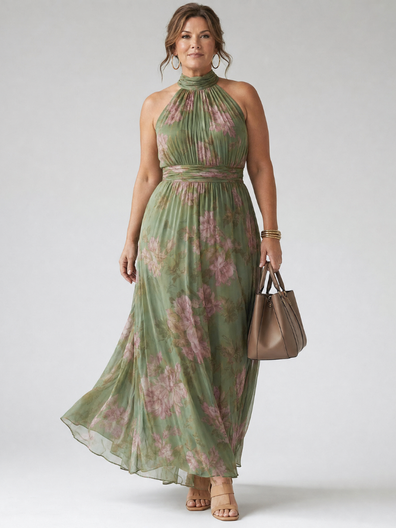 Floral Gathered Halter Neck Sleeveless Chiffon Maxi Dress 6