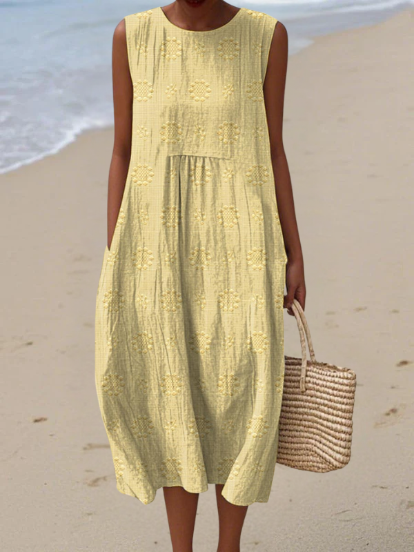 Textured Embroidered Sleeveless Round Neck Cocoon Midi Dress 4