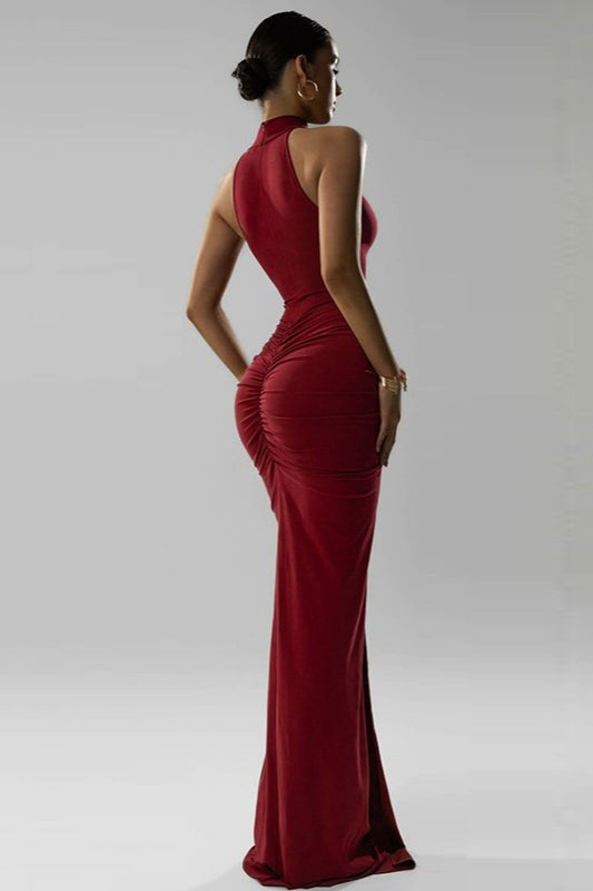 Halter Neck Ruched Draped Bodycon Maxi Party Gown - View 4