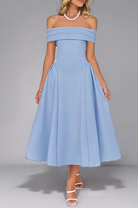 Off Shoulder Pleated Fit and Flare Midi Party Dress - View 3