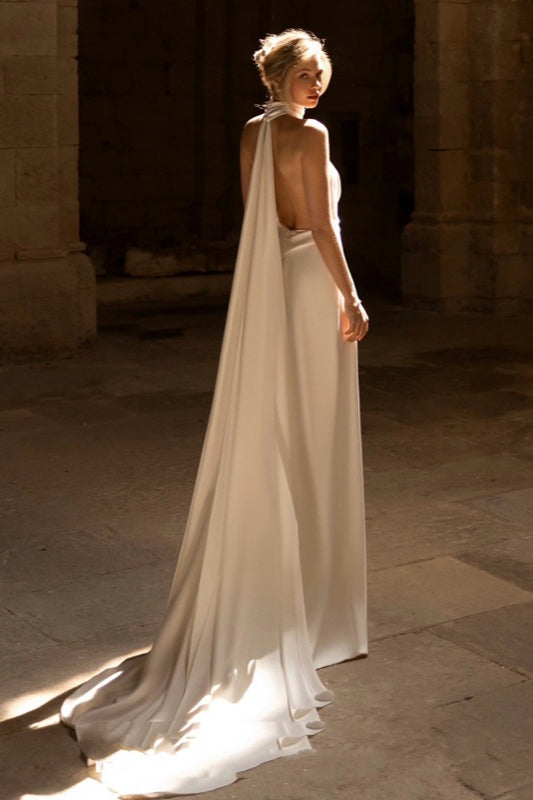Halter Neck Deep V Draped Satin High Split Maxi Gown 2