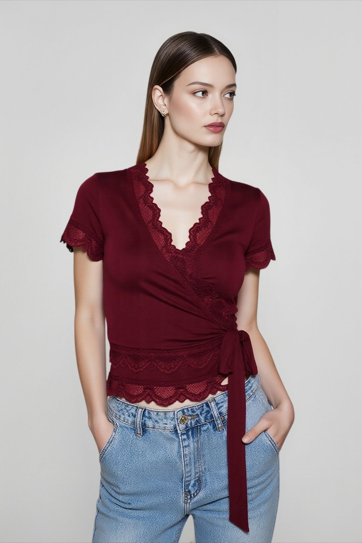V-Neck Lace Trim Short Sleeve Wrap Top 4