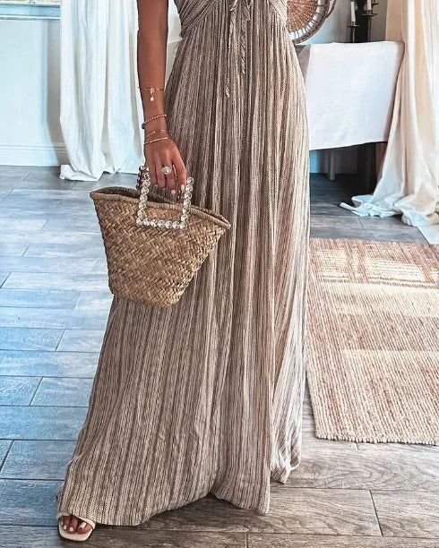 Pinstripe Halter V-Neck Ruffle Drawstring Empire Waist Maxi Dress - View 4