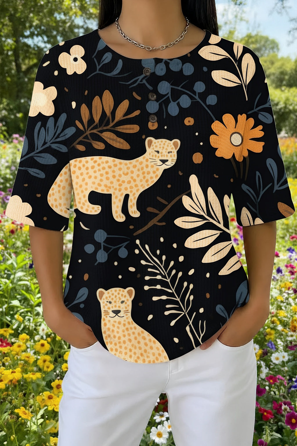 Leopard Floral Print Short Sleeve Button Waffle Knit Top