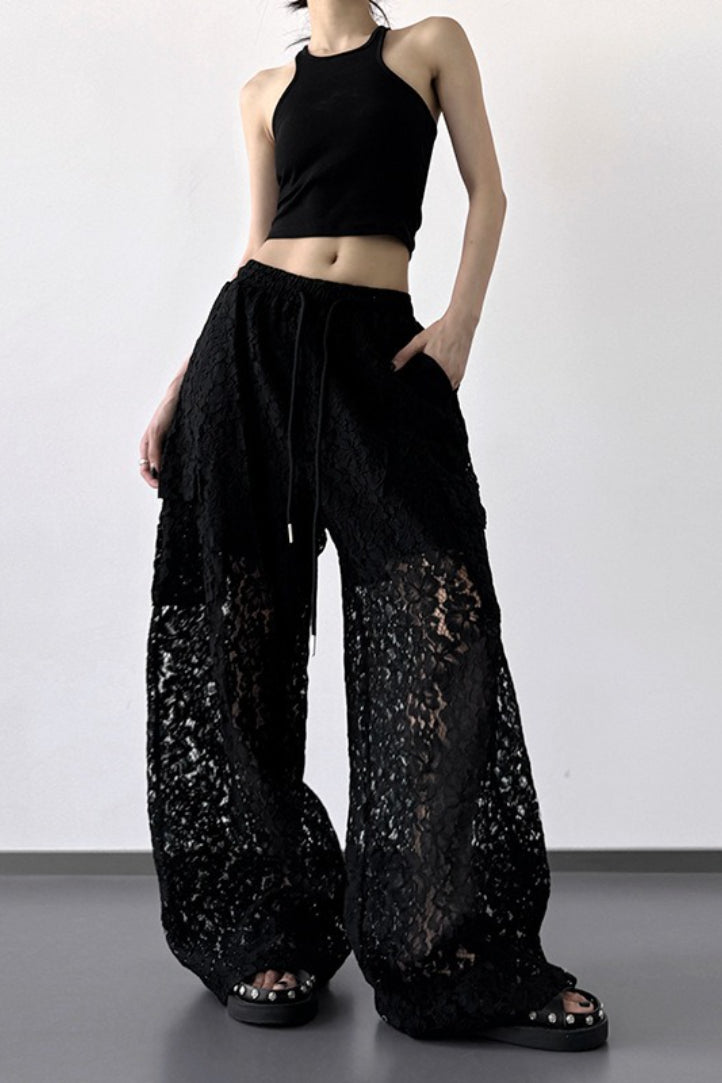 Patchwork Cutout Lace Straight Wide Leg Cargo Pants