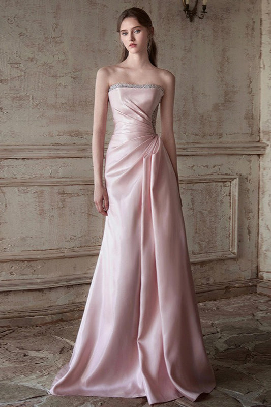 Satin Strapless Beaded Ruched Draped Maxi Gown