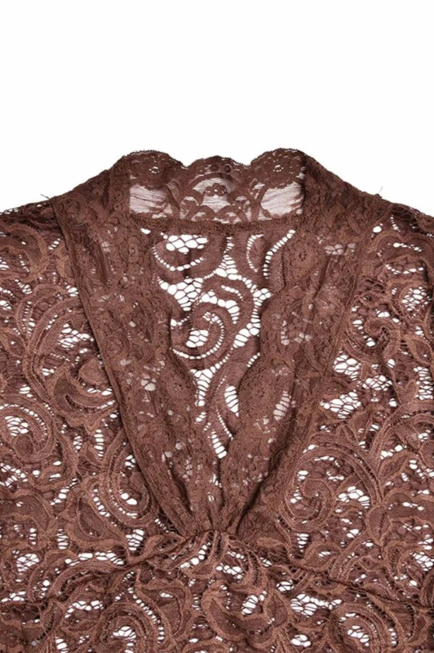 Lace Deep V-Neck Bell Sleeve Asymmetric Ruffle Hem Bodycon Mini Dress - View 7