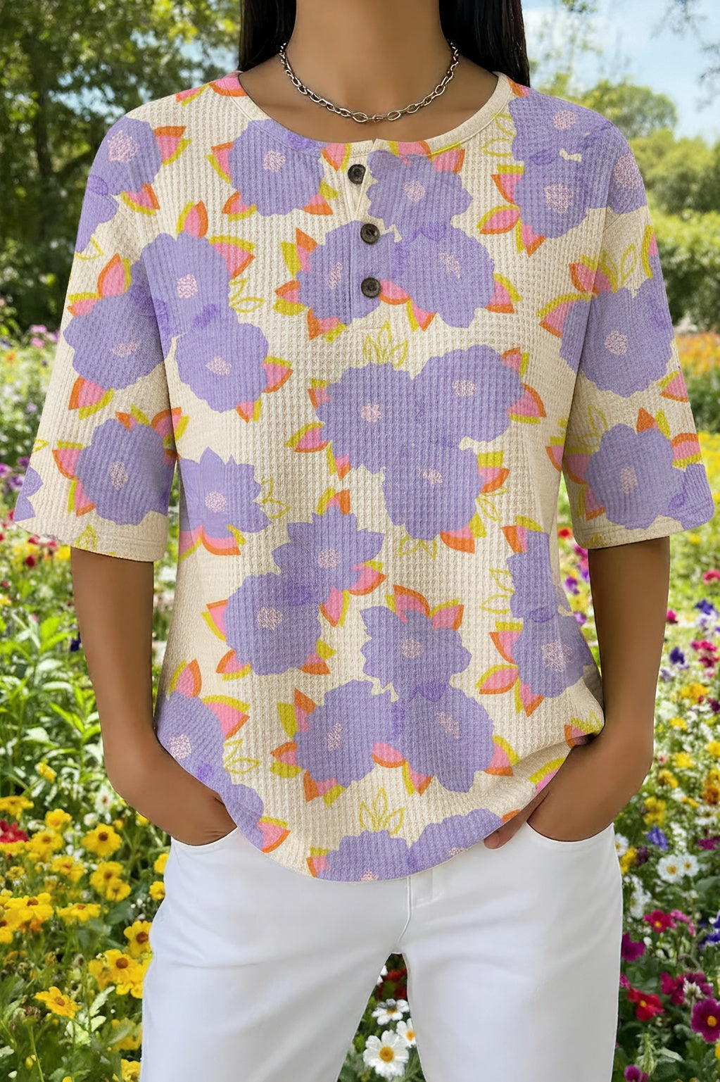 Floral Print Button Placket Short Sleeve Waffle Knit Top