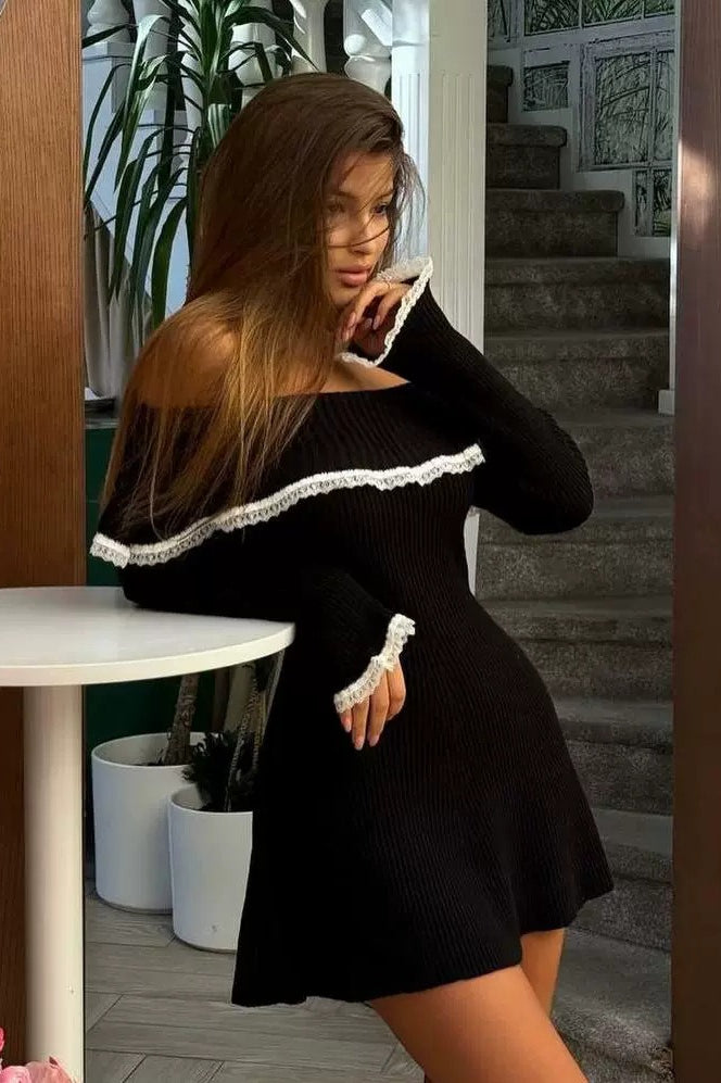Lace-Trimmed Knit Off-Shoulder Mini Sweater Dress - View 3