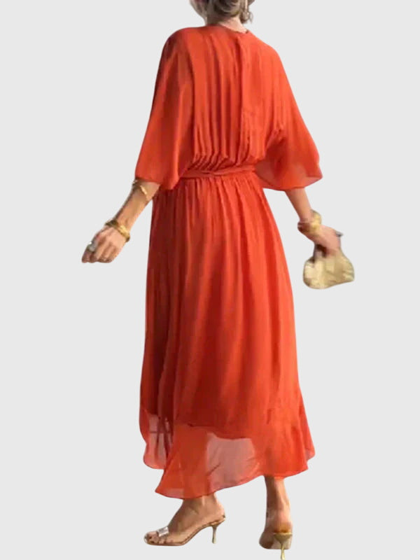 Chiffon V-Neck Batwing Sleeve Belted High Low Midi Dress 11