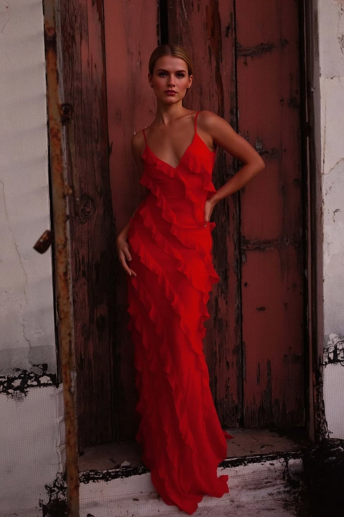 Backless Slit Fitted Spaghetti Strap Chiffon Ruffled Party Dress