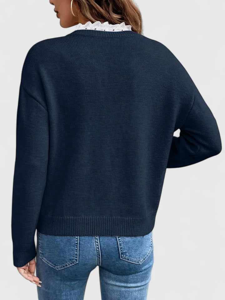 Lace Trim V-Neck Long Sleeve Knit Sweater 3