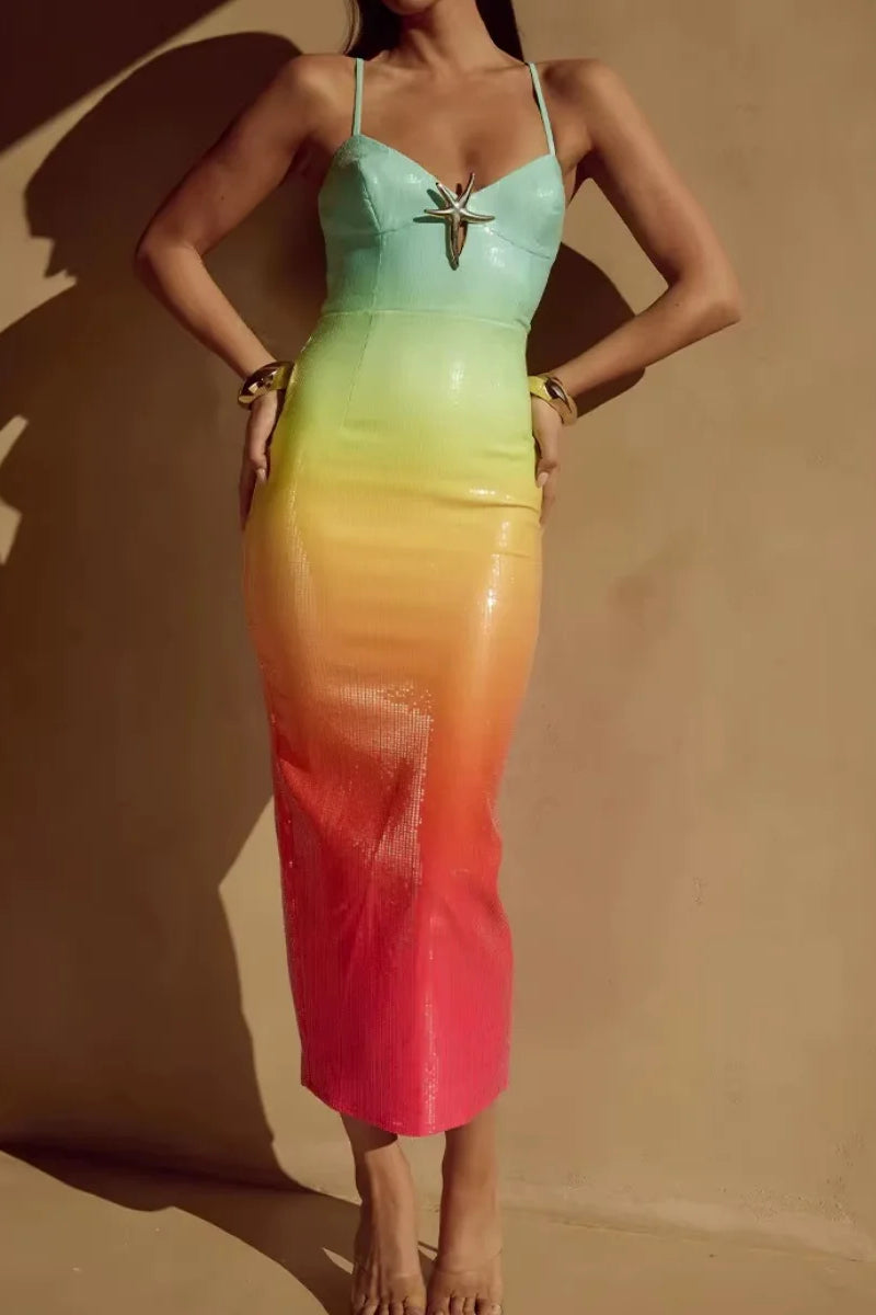 Sequin Ombre Sweetheart Spaghetti Strap Starfish Bodycon Maxi Dress - View 9