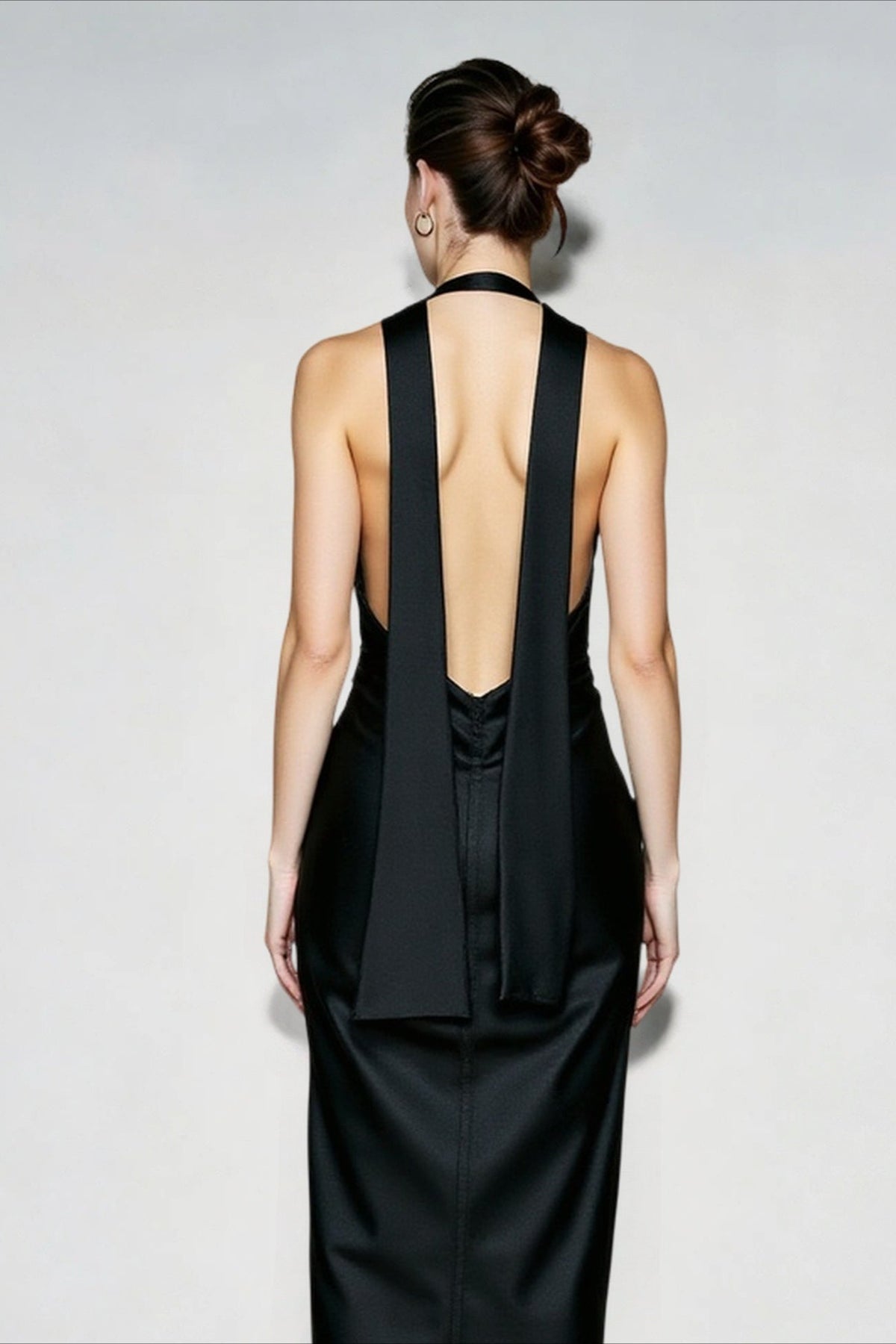 Satin Halter Neck Deep V-Neck High Split Ruched Maxi Dress - View 6