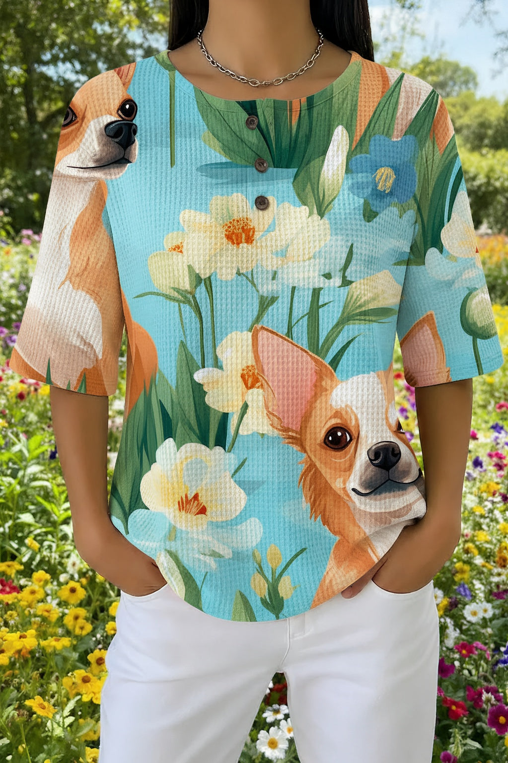 Floral Dog Print Button Henley Waffle Knit Top