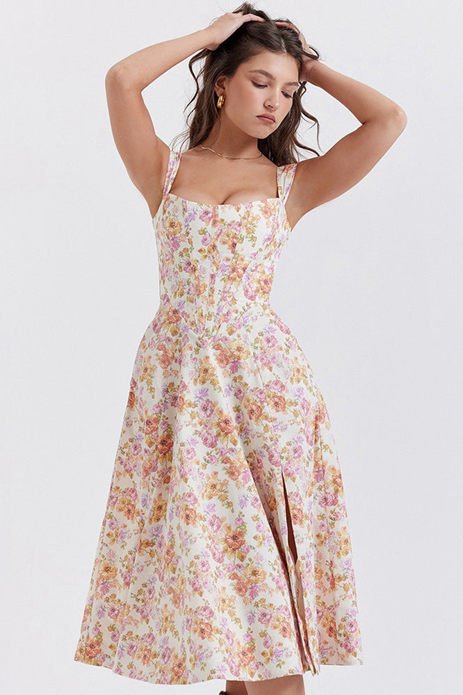 Floral Print Sweetheart Corset A-Line Midi Dress - View 5