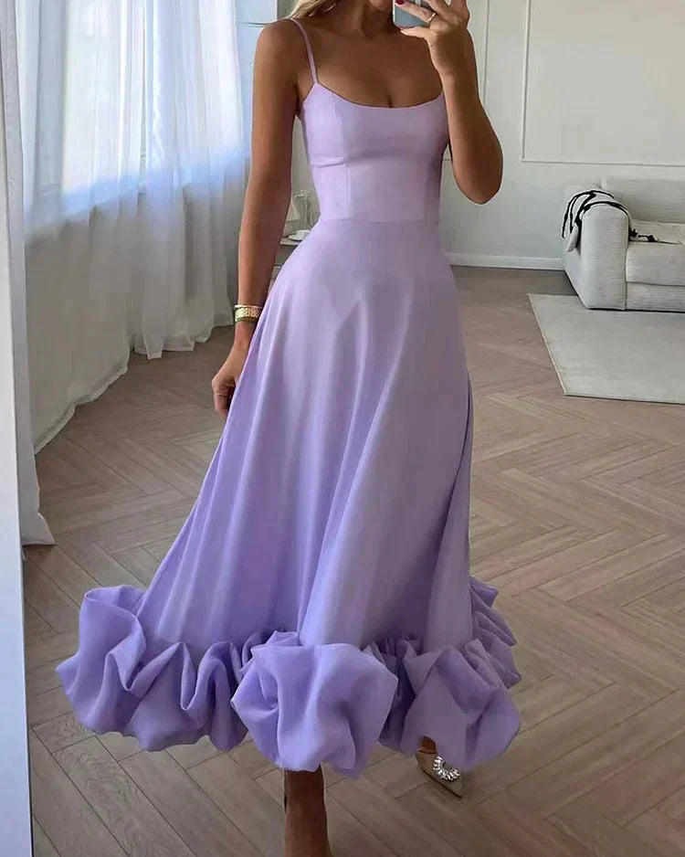 Spaghetti Strap Scoop Neck Fitted Bodice Ruffle Hem Floor Length Gown