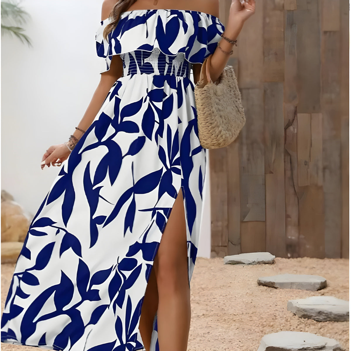 Leaf Print Off Shoulder Ruffle Smocked High Split Maxi Dress