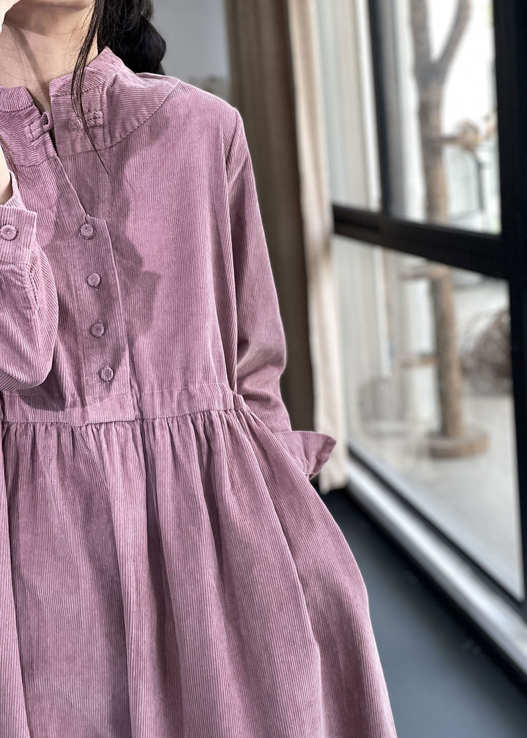 Corduroy Mock Neck Button Front Long Sleeve Pocket Midi Dress - View 4
