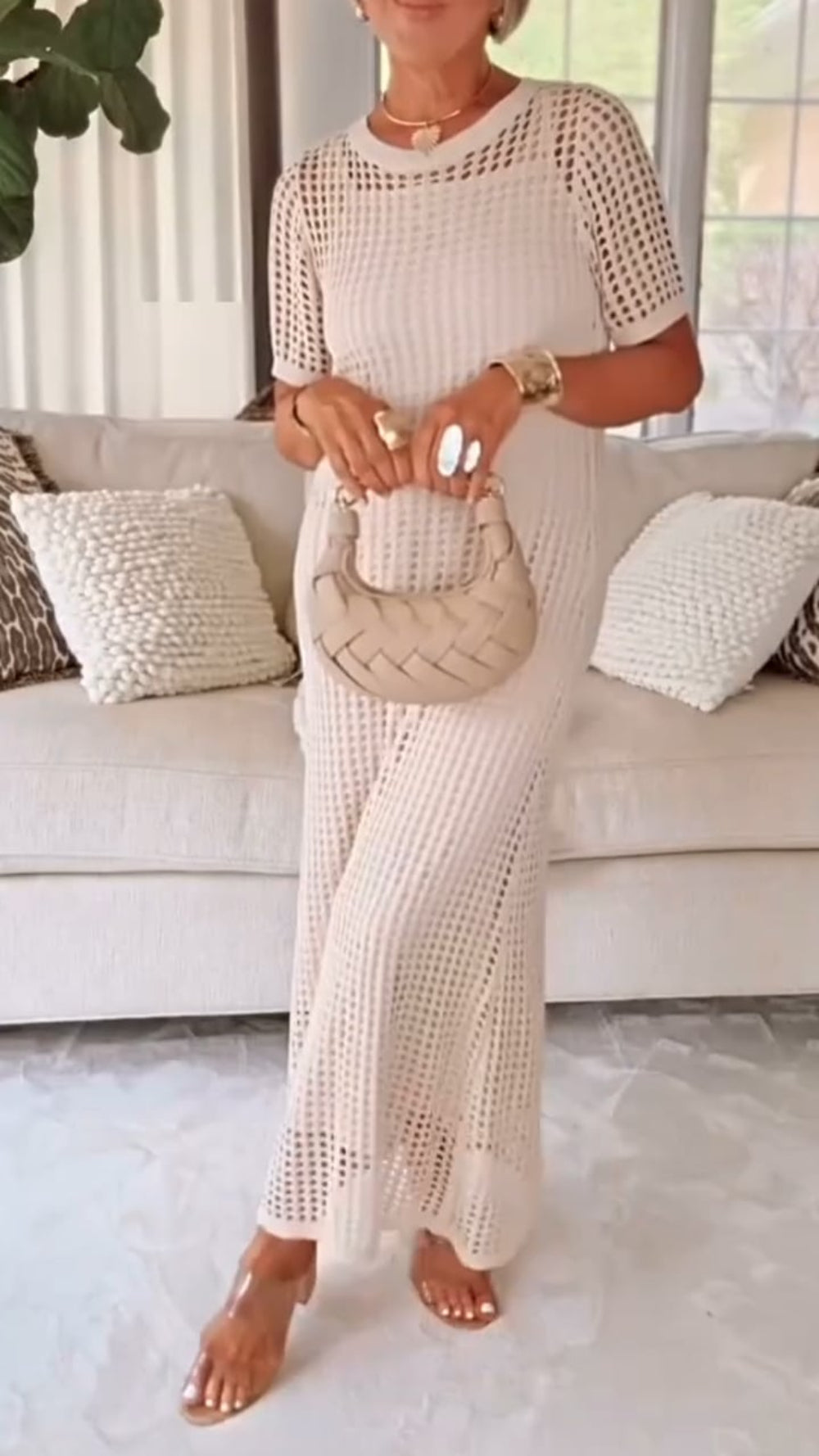 Crochet Hollow Out Short Sleeve Knit Maxi Cover Up Dress 2