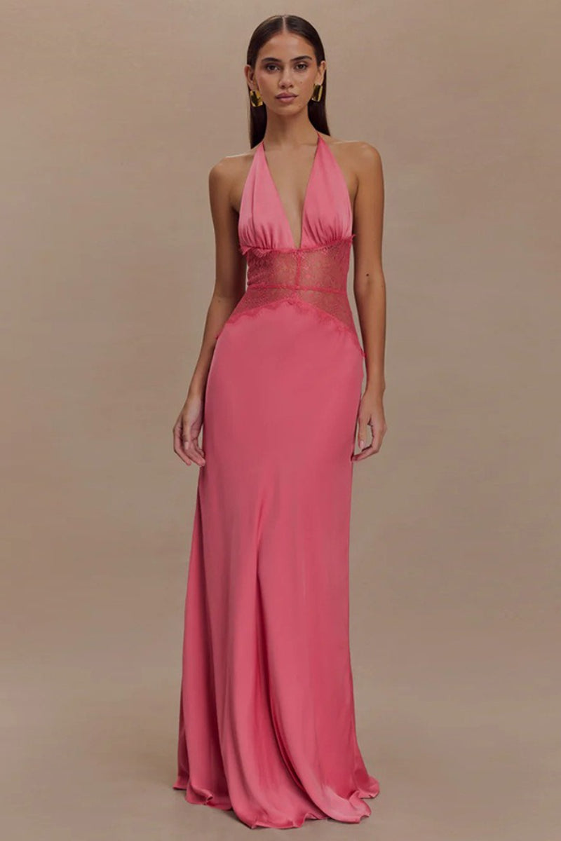 Satin Halter Neck Deep V-Neck Lace Trim Slip Maxi Dress - View 7