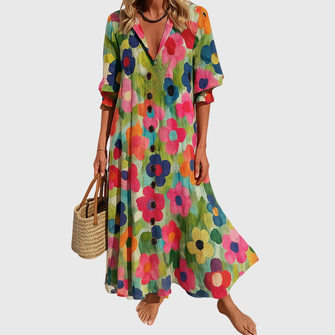 Floral Print V-Neck Button Front Puff Sleeve Maxi Dress 2