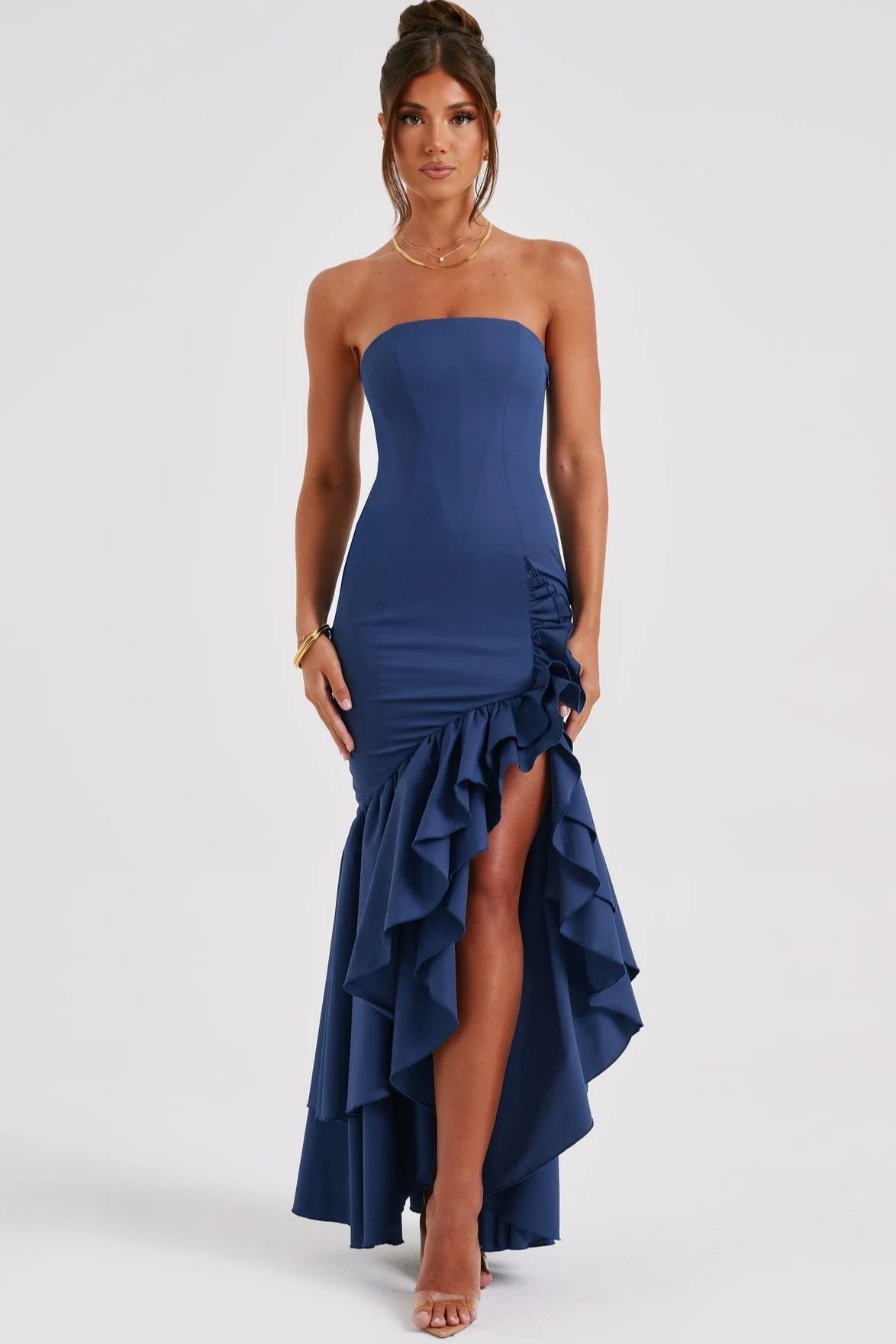 Strapless High Split Ruffle Slim Mermaid Maxi Prom Dress - View 7