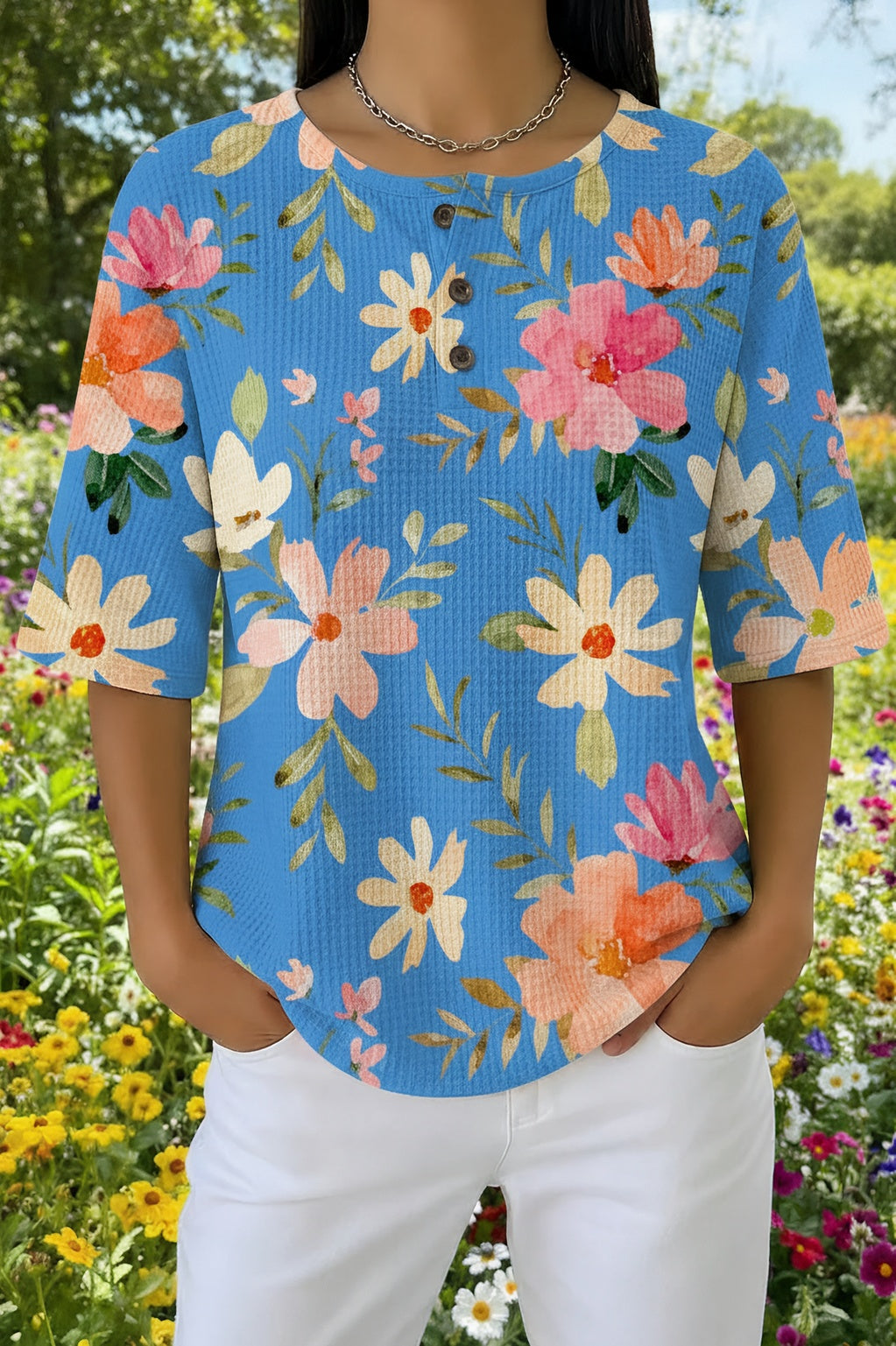 Floral Print Crew Neck Button Waffle Knit Short Sleeve Top
