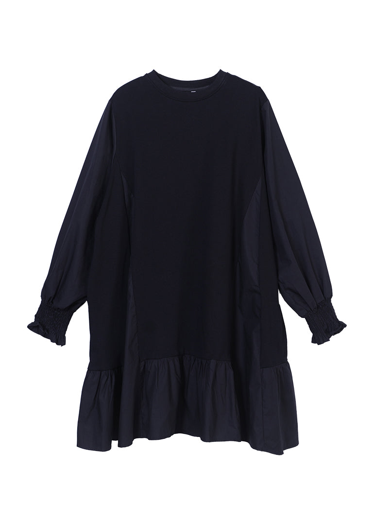 Knit Panel Round Neck Balloon Sleeve Smocked Cuff Mini Dress - View 5