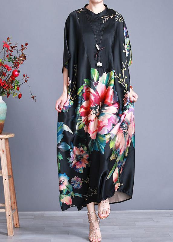 Floral Print Stand Collar Batwing Sleeve Oversized Kaftan Maxi Dress