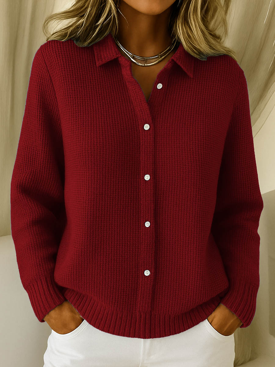Collared Button Front Long Sleeve Waffle Knit Shirt 4