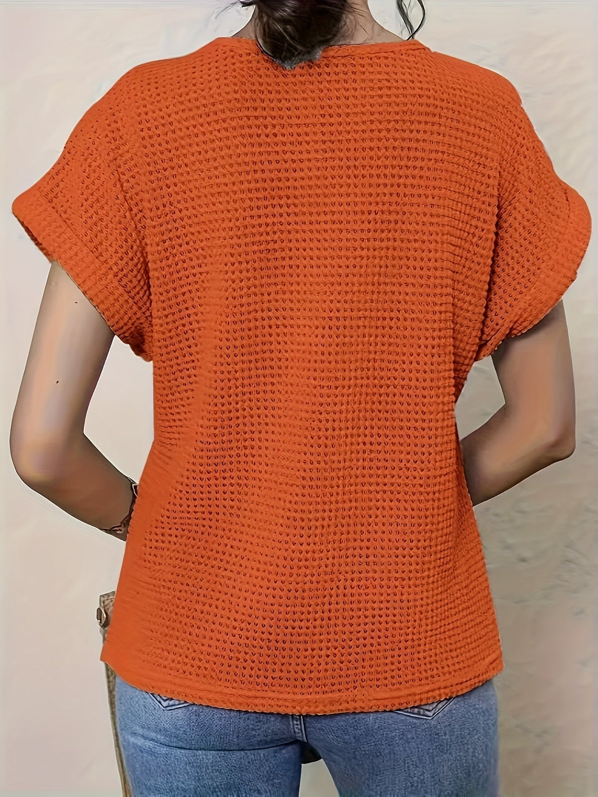 Crochet Lace Panel Round Neck Short Sleeve Waffle Knit Top 6