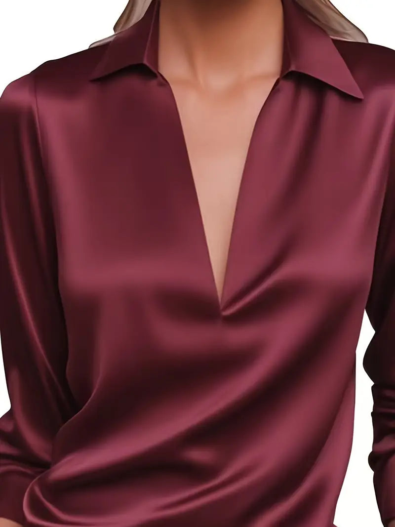 Collared Deep V-Neck Long Sleeve Satin Blouse 48