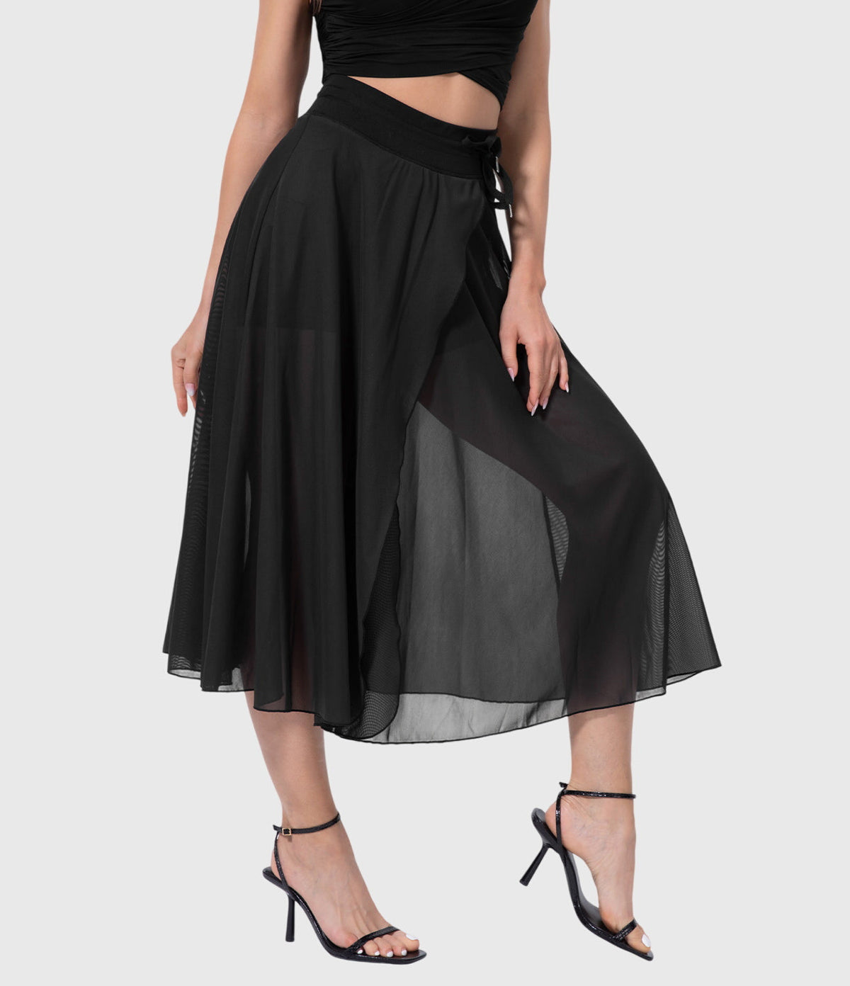 High Waist Drawstring Front Slit A-Line Midi Skirt 20