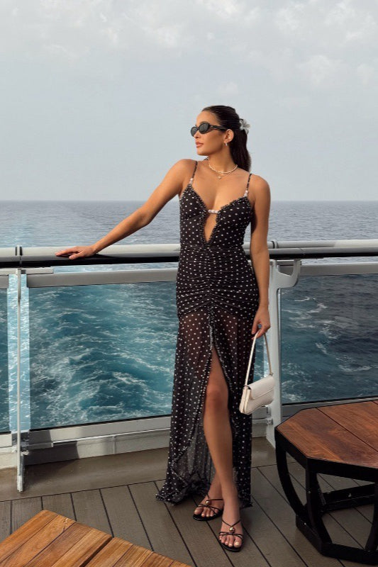 Polka Dot Ruched Lace Mesh Cami Maxi Dress in Black