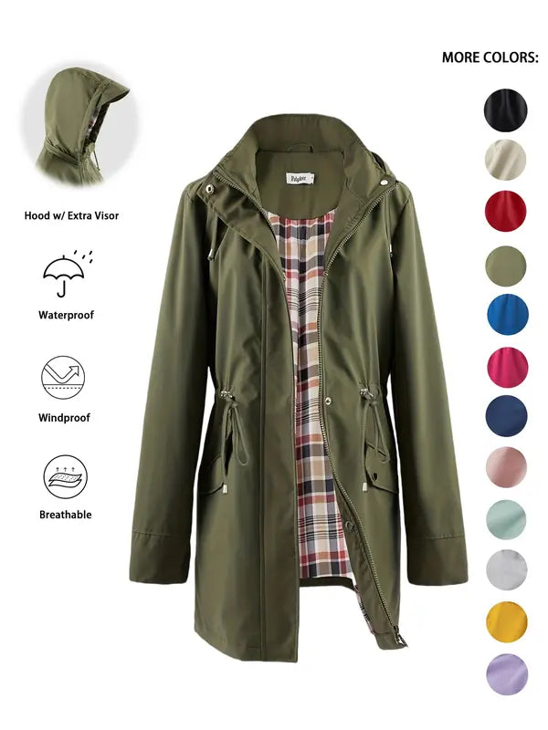 Hooded Drawstring Waist Waterproof Rain Trench Coat 2