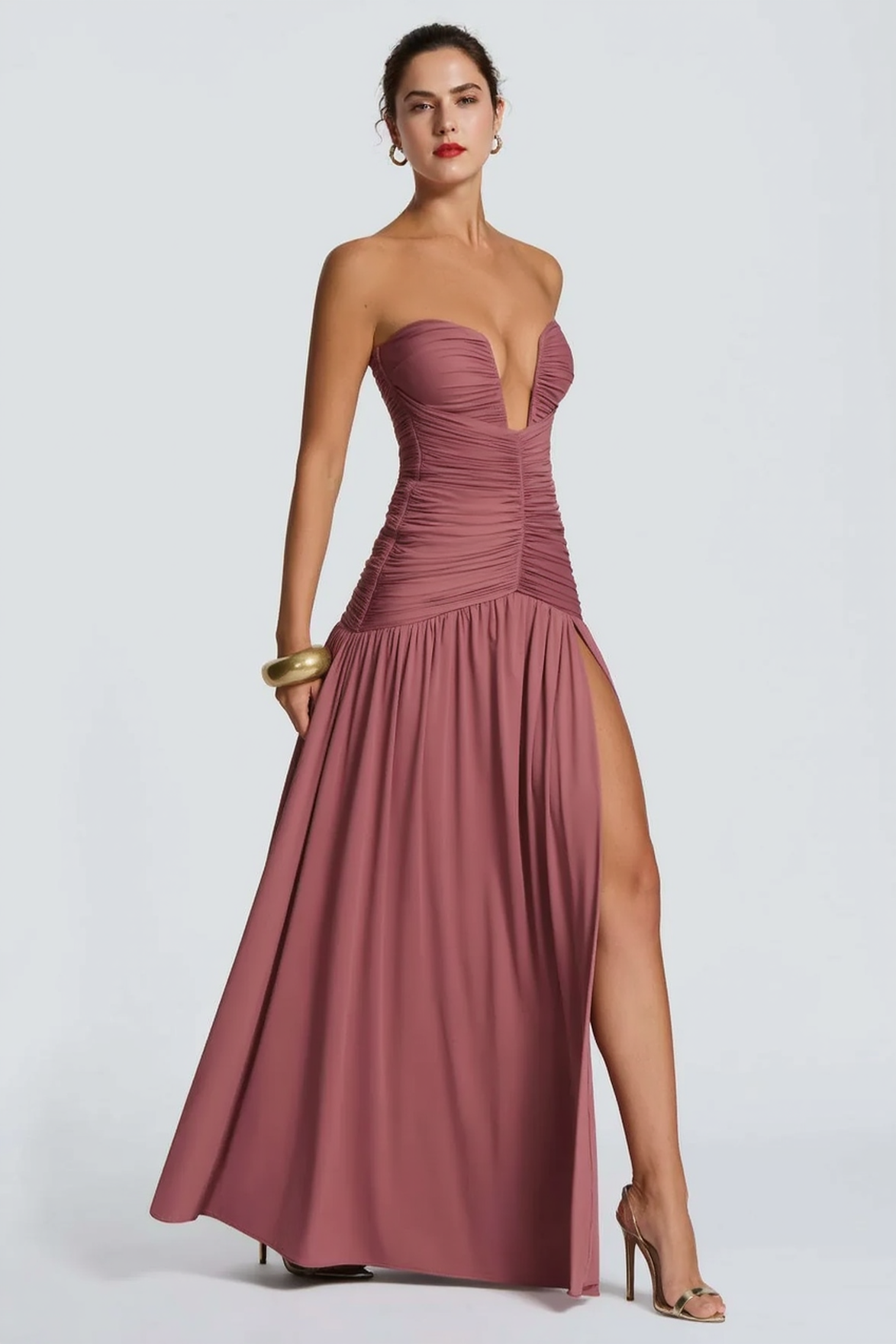 Strapless Plunge Ruched High Split Maxi Formal Gown - View 11