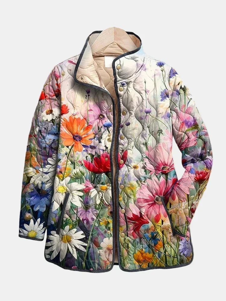 Floral Print Stand Collar Quilted Jacket