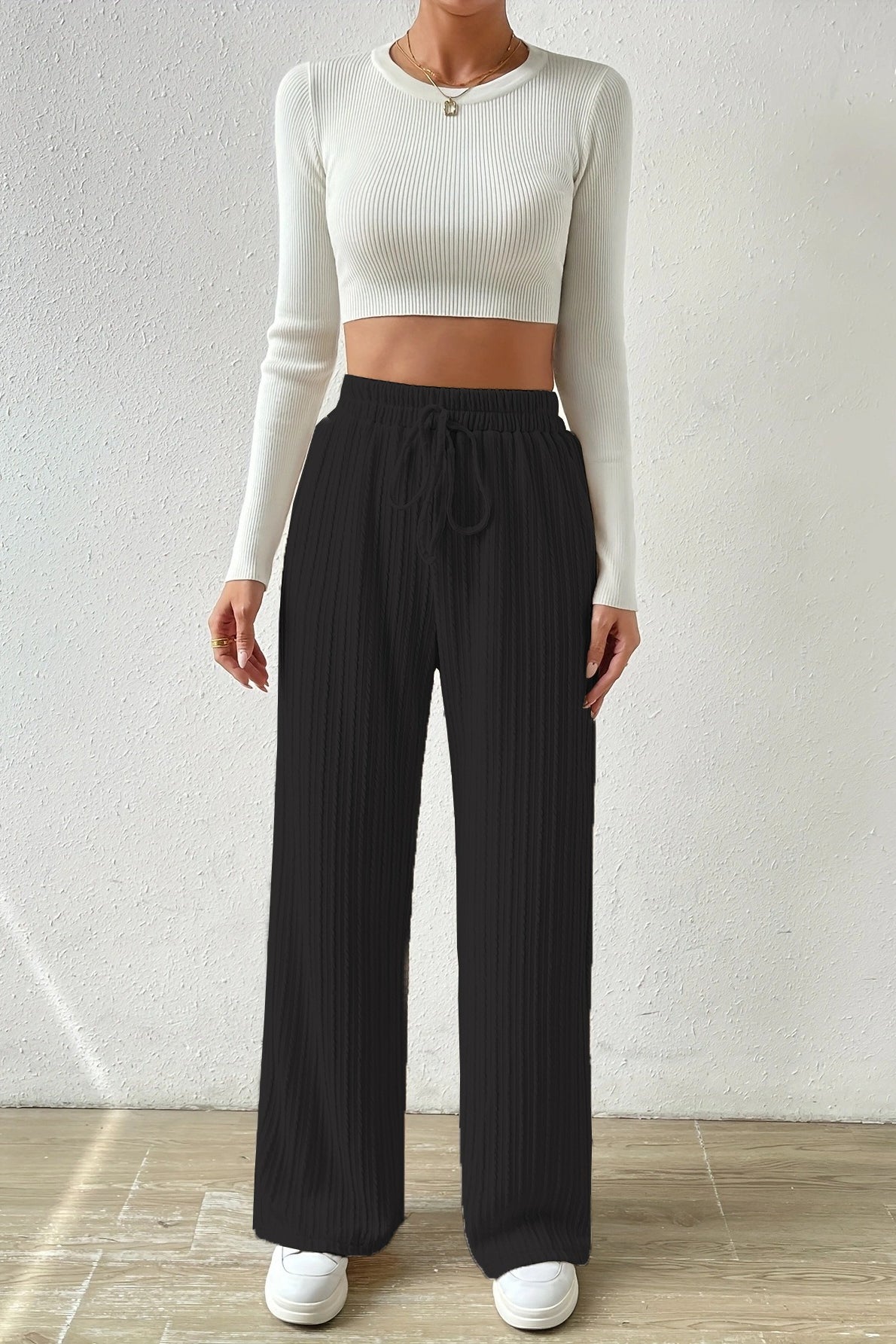 Elastic High Waist Solid Straight Leg Knit Pants