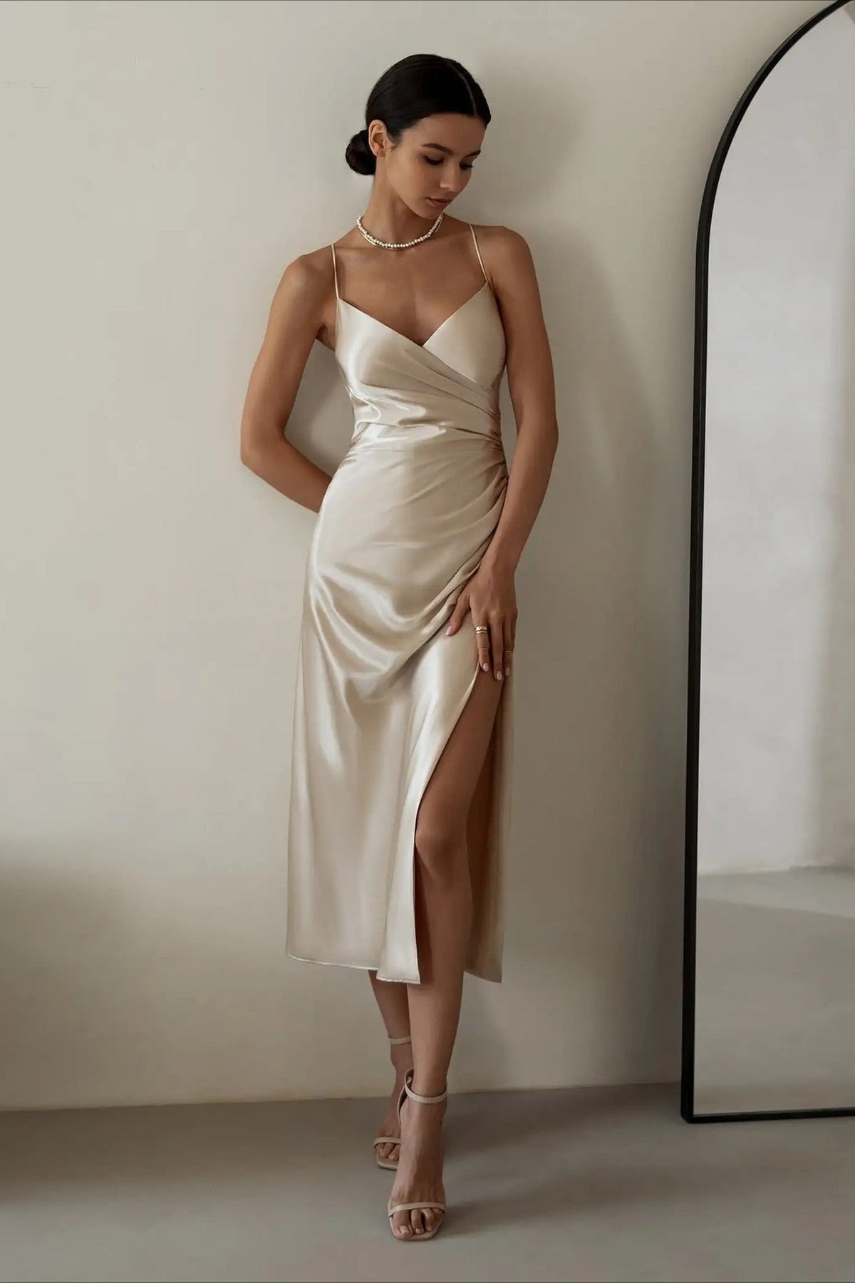 Satin Spaghetti Strap V-Neck Ruched High Split Bodycon Maxi Dress - View 2