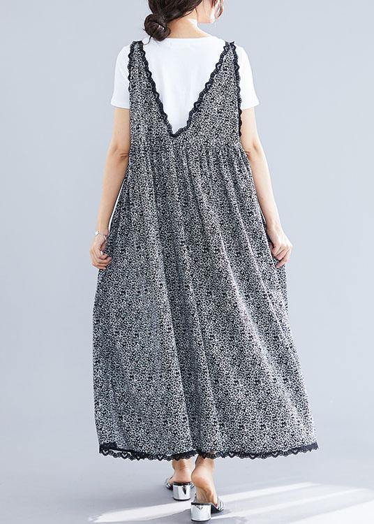 Floral Print V-Neck Lace Trim Scalloped Hem Sleeveless Maxi Dress - View 4